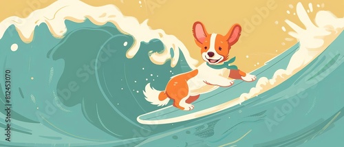 Dog surfing flat design top view summer theme cartoon drawing Complementary Color Scheme 