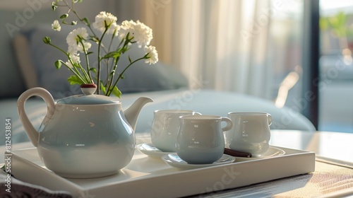 A white tray with a floral patterned teapot and  teacups © muheeb