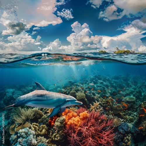 Above and below surface of the Caribbean sea with coral reef and dolphin underwater and a cloudy blue sky