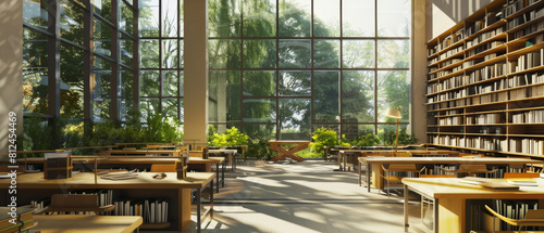 Sunlight streams into a modern library, creating a sanctuary of knowledge.