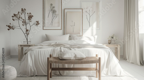 In the serene interior of a white bedroom, posters hang above the bed, soft sunlight filters through sheer curtains, casting a gentle radiance, flowers arranged on a wooden stool and pouf  © Jhati