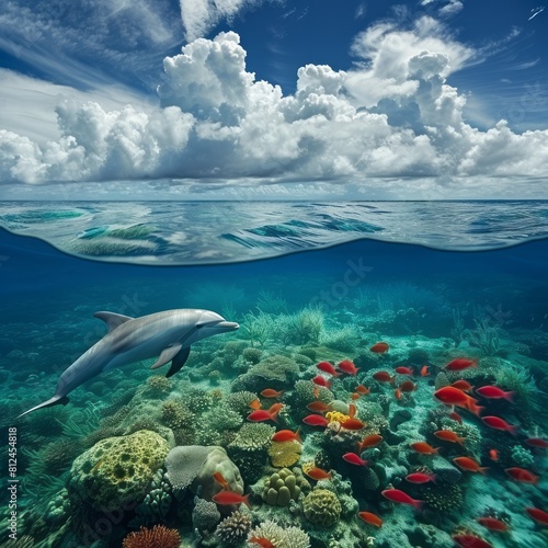 Above and below surface of the Caribbean sea with coral reef, fishes and dolphin underwater and a cloudy blue sky
