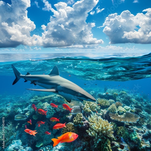 Above and below surface of the Caribbean sea with coral reef, fishes and shark underwater and a cloudy blue sky