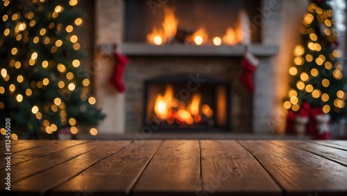 Wooden table with decoration with blurry christmas tree and fireplace in background with copy space.
