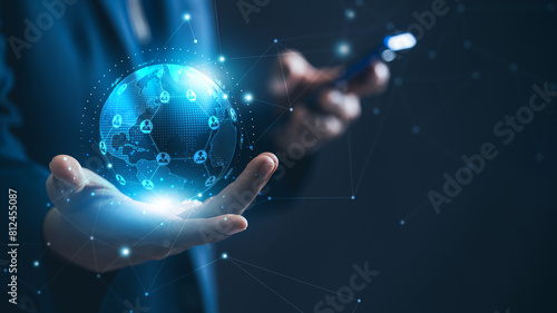 Fototapeta Naklejka Na Ścianę i Meble -  Customer relationship management, Businessman hold of global HR recruitment customer network technology, Data exchanges development. customer service,Teamwork, Business strategy.