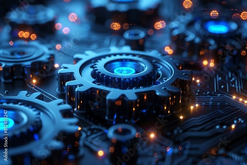 Macro shot, sapphire blue gears, sharp focus, glowing circuit lines background, futuristic