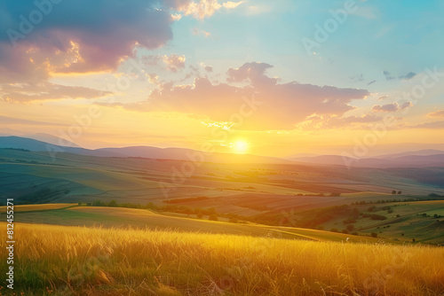 Panorama colorful magnificent sunset in countryside above hills and fields  beauty nature background