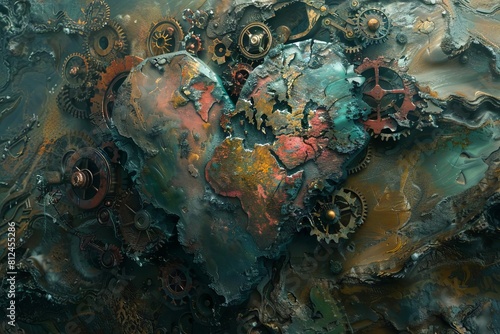 An abstract design of the world as a giant mechanical heart, with gears pumping life through its surface