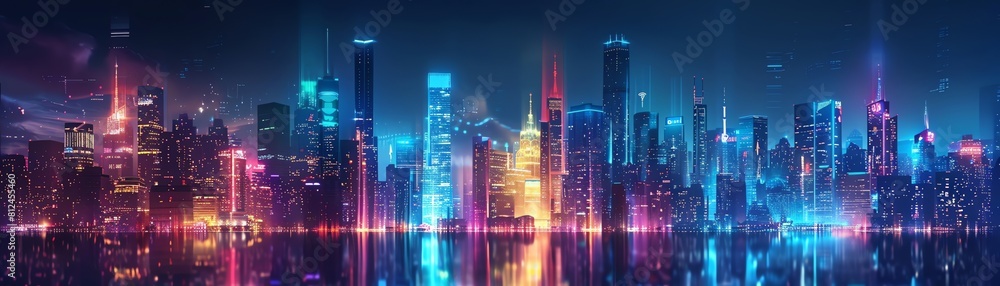 Neonlit smart cityscape, wideangle, IoT nodes connecting, vibrant night of innovation