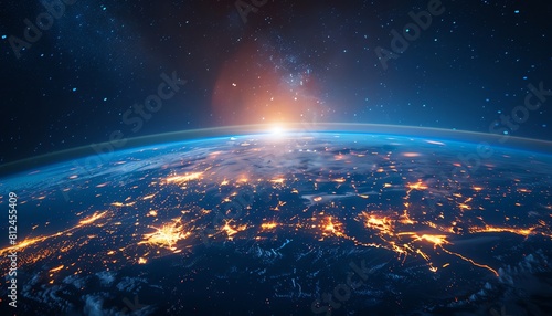 Neonlit digital earth, panoramic view, with energy grids, vibrant, future tech and connectivity