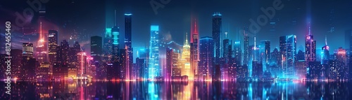 Neonlit smart cityscape, wideangle, IoT nodes connecting, vibrant night of innovation