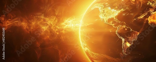 An abstract image of the sun partially blocked by a giant shield, casting a shadow of the world map #812455641