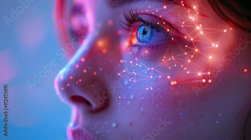 Thoughtful face with digital neurons, closeup, under a soft light, pinkblue ambience, future tech photo