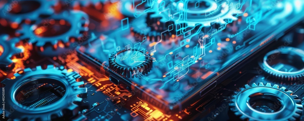 An abstract image showing gears and chains falling into a neonlit smartphone like puzzle pieces An abstract image showing gears and chains falling into a neonlit smartphone like puzzle pieces