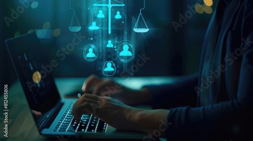 A person typing on their laptop with the scales of justice and other digital icons floating above, representing AI in law firm document management technology for courtroom use case. The background is 