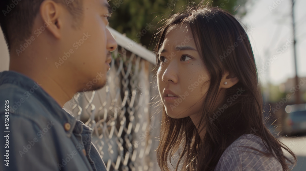 Fototapeta premium Tense moment between two individuals with a fence subtly separating them.