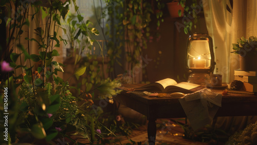 Cozy indoor sanctuary with an open book, lantern, and sprawling greenery invoking peaceful solitude. photo