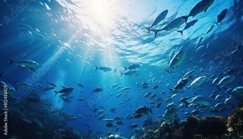 Groups of giant Tuna fish in the underwater, coral reef, amazing underwater life, various fish and exotic coral reefs, ocean wild creatures background