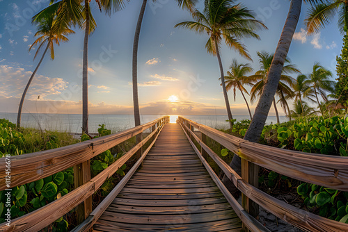 Panorama view of footbridge to the Smithers beach at sunrise - Key West, Florida. photo