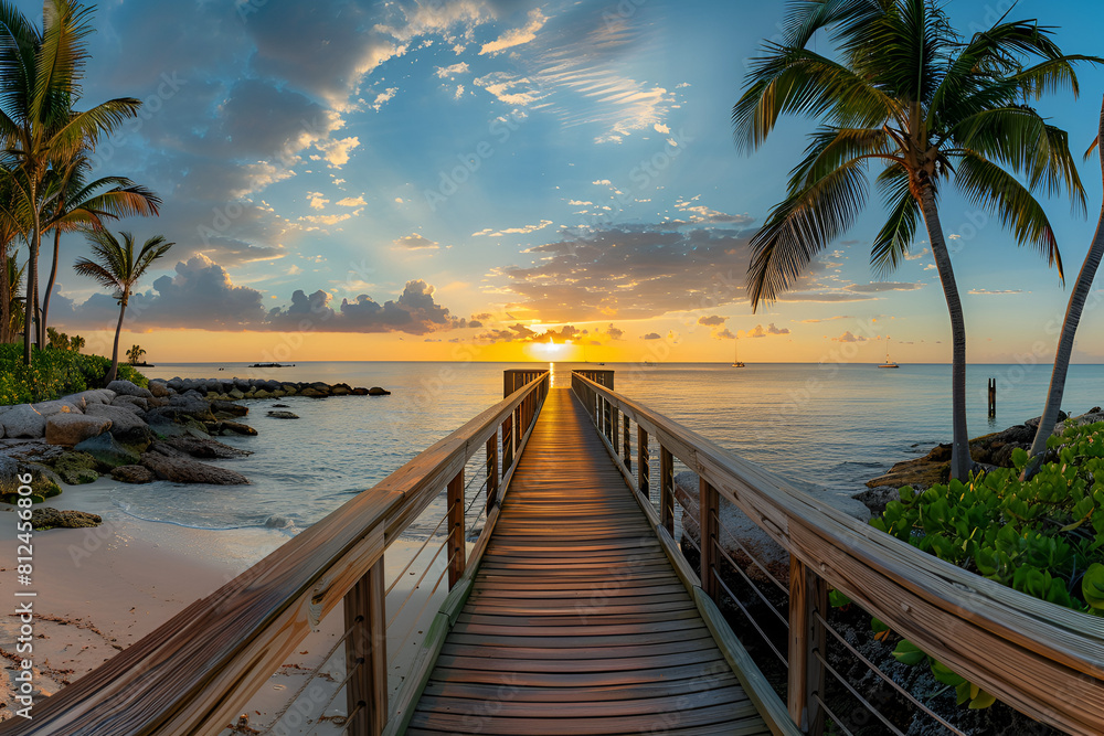 Panorama view of footbridge to the Smithers beach at sunrise - Key West, Florida.