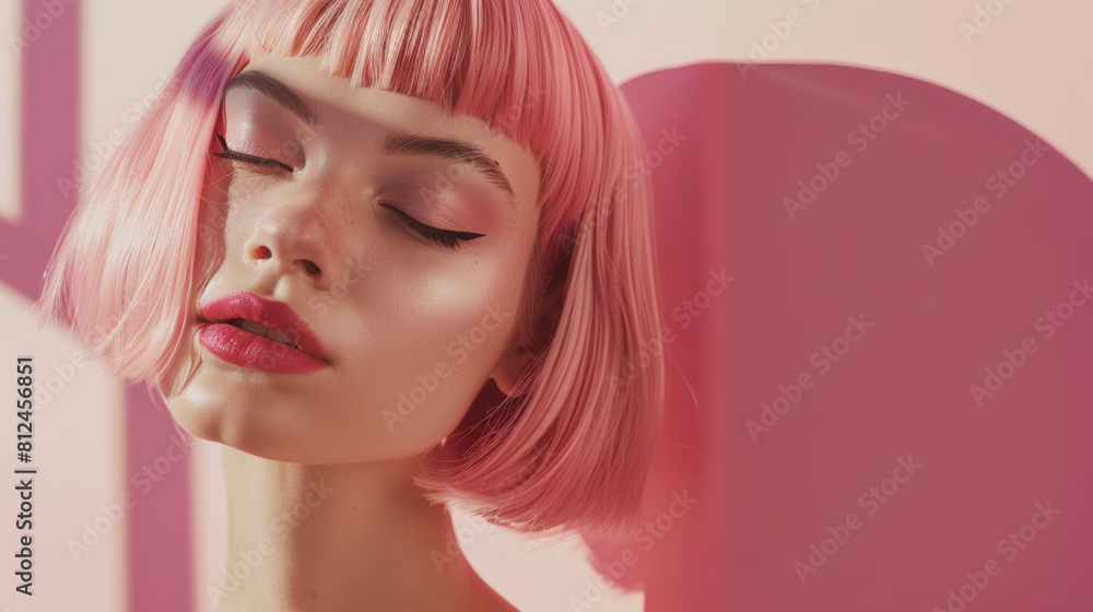 A young woman with pink hair and closed eyes, the epitome of serene beauty in a soft pink ambiance. A young woman with pink hair and closed eyes, the epitome of serene beauty in a soft pink ambiance.