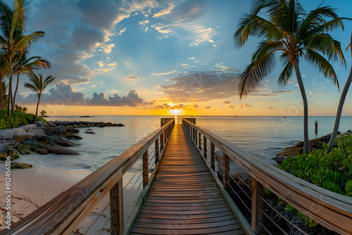Panorama view of footbridge to the Smithers beach at sunrise - Key West  Florida.