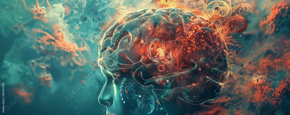 An abstract scene showing a brain with parts of gears and cogs visible through semitransparent areas An abstract scene showing a brain with parts of gears and cogs visible through semitransparent areas