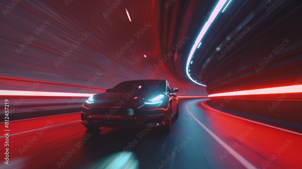 Naklejka premium A futuristic car races through time, enveloped in the pulsing glow of a neon tunnel.