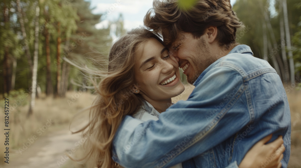 Joy radiates as a couple embraces in a candid forest whirl, a moment of pure connection. Joy radiates as a couple embraces in a candid forest whirl, a moment of pure connection.