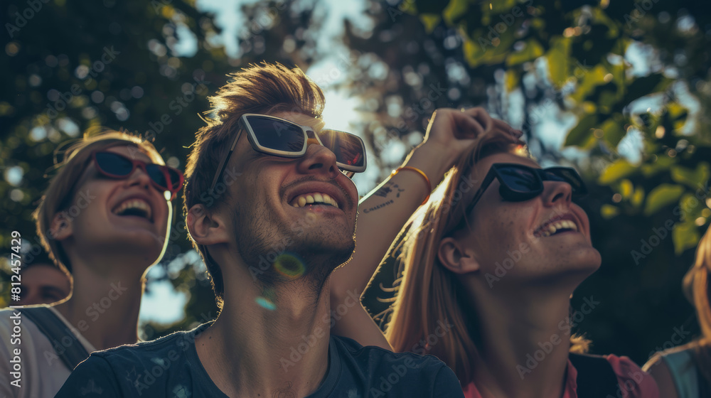 Fototapeta premium Euphoric group of friends look upwards, basking in summer sunlight.