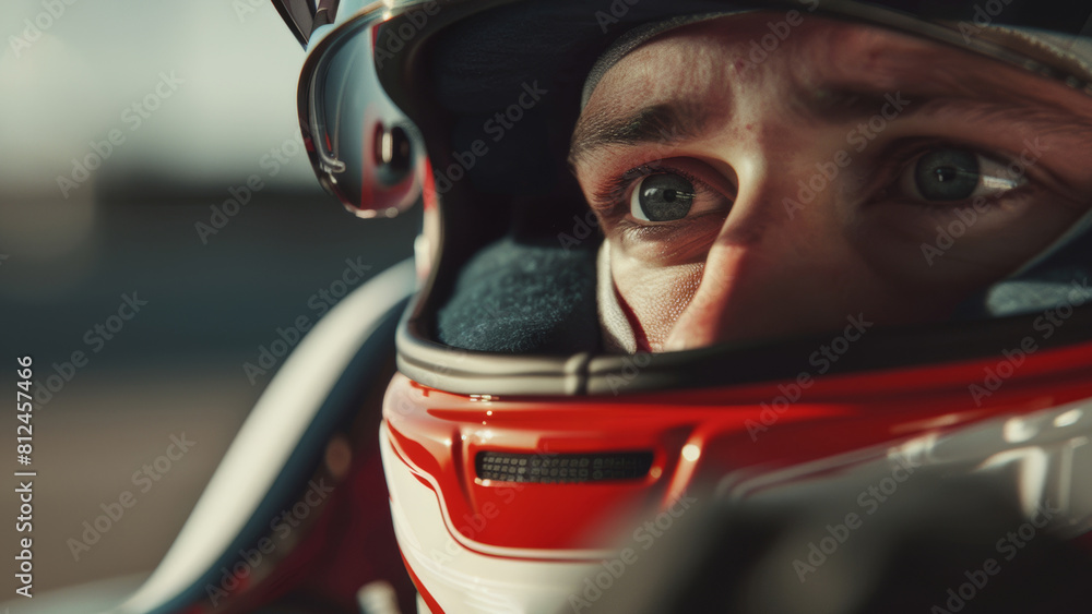 Determined race car driver in helmet ready to compete, reflected ambition in his focused eyes. Determined race car driver in helmet ready to compete, reflected ambition in his focused eyes.