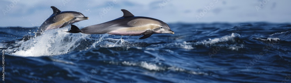 Fototapeta premium Dolphins Leaping Gracefully Over Ocean Waves.