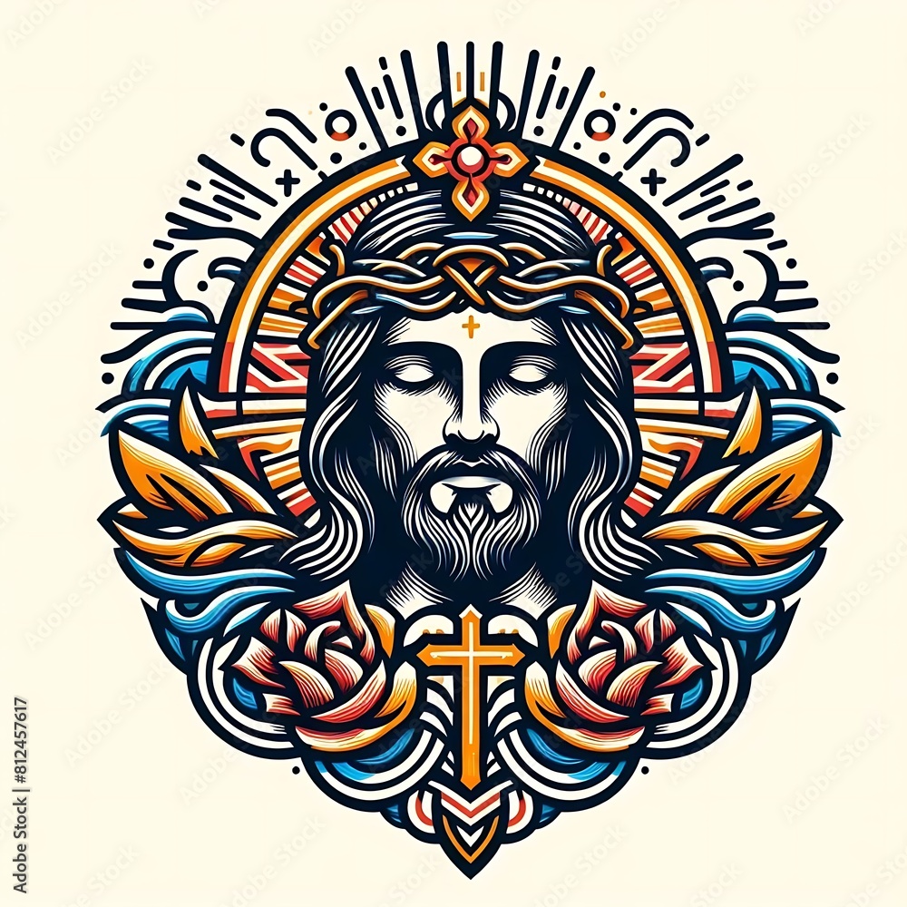A graphic of a jesus christ with a crown of thorns and flowers image photo photo lively illustrator
