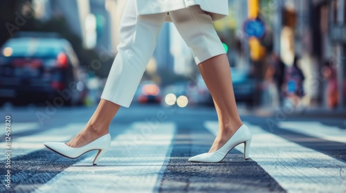 Close-up, of side view legs Businesswoman crossing the street on the crosswalk, at the modern office district in city.