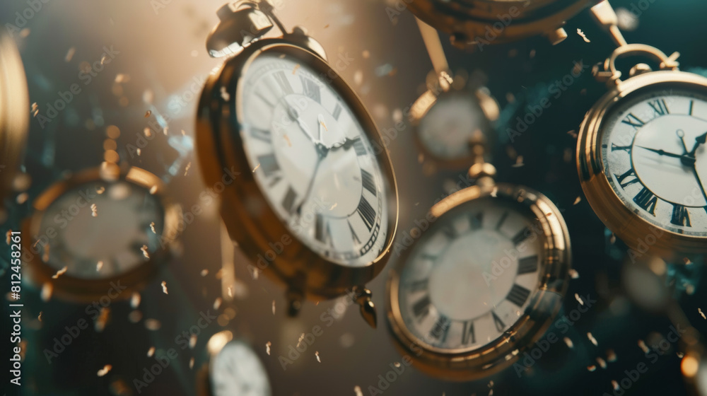 Timeless journey depicted with floating pocket watches and water droplets in surreal lighting.