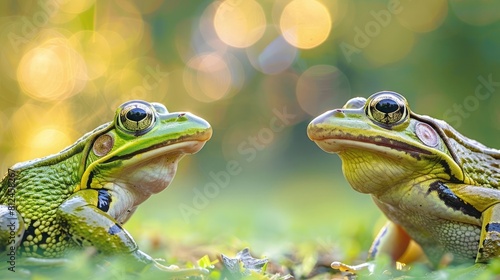 Two visually similar green frogs facing each other with a beautiful bokeh background enhancing their connection