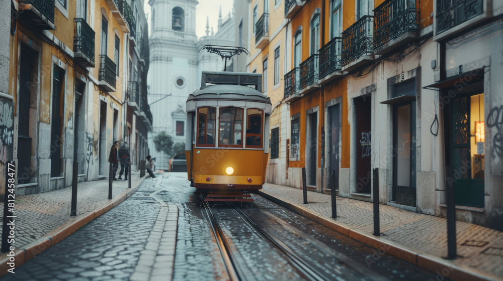 Vintage yellow tram on a cobbled street in an old European city at dawn.