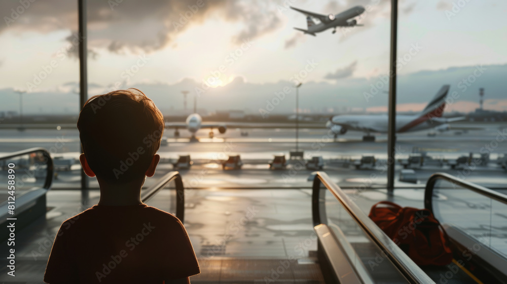 Fototapeta premium A young child gazes at planes on a runway during a vibrant sunset.