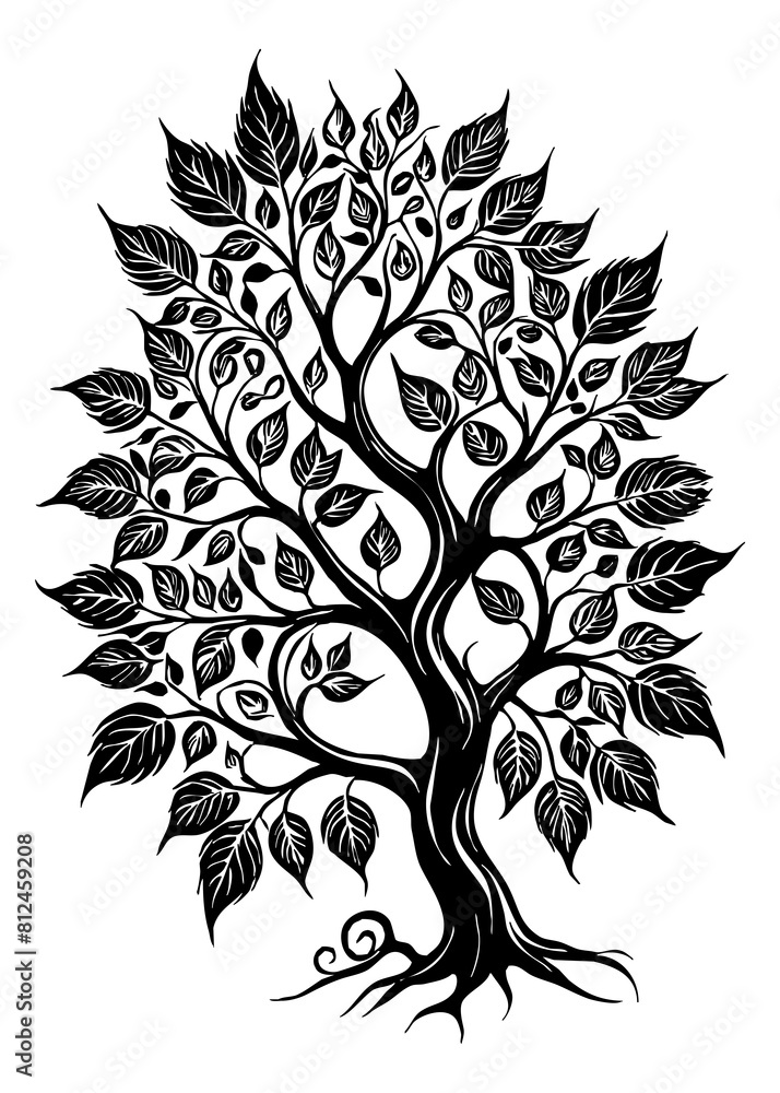 Obraz premium Tree . Black and white botanical pattern. For use in graphics, materials. Abstract plant shapes. Minimalist illustration for printing on wall decorations. Generated by Ai
