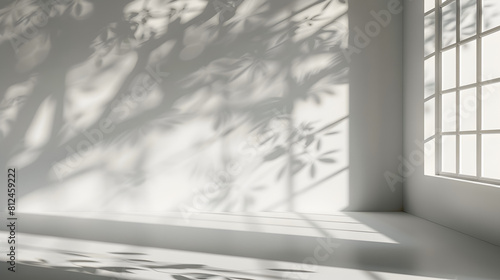 Minimalist blurred natural light windows  shadow overlay on wallpaper texture  abstract background. Minimal abstract light white background for product presentation.