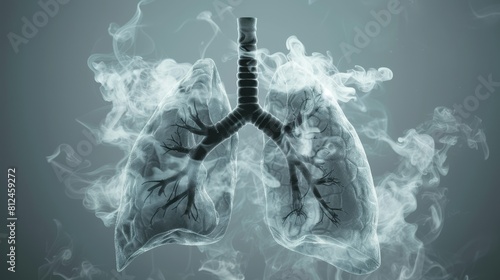Cigarette smoke harms lungs causes disease depicted in gray studio setting