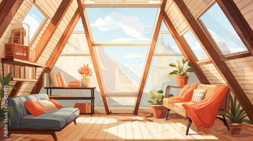 A cozy living space with a vaulted ceiling and large windows looking out onto a mountain landscape