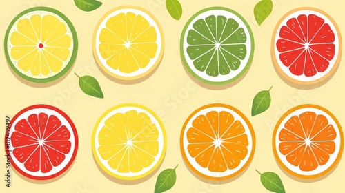 A variety of citrus fruits are arranged in a circle. The fruits include lemons, limes, grapefruits, and oranges. The fruits are all cut in half and arranged in a circle.