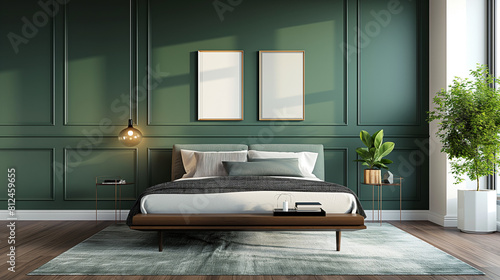 green modern living room a bold green feature wall, geometric shapes and modern artwork enhancing the decor, 3D visualization showcasing sharp lines and architectural elements