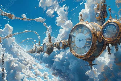 An allegorical image of a network of roads in the sky, paved with clouds and bordered by various types of clocks photo