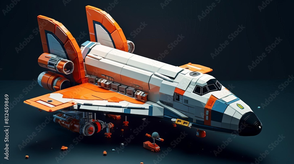 Fototapeta premium Render a realistic spaceship. The spaceship is white and orange. It has two wings.
