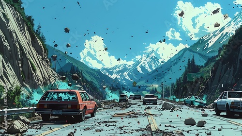 A car crash scene with a mountain in the background photo