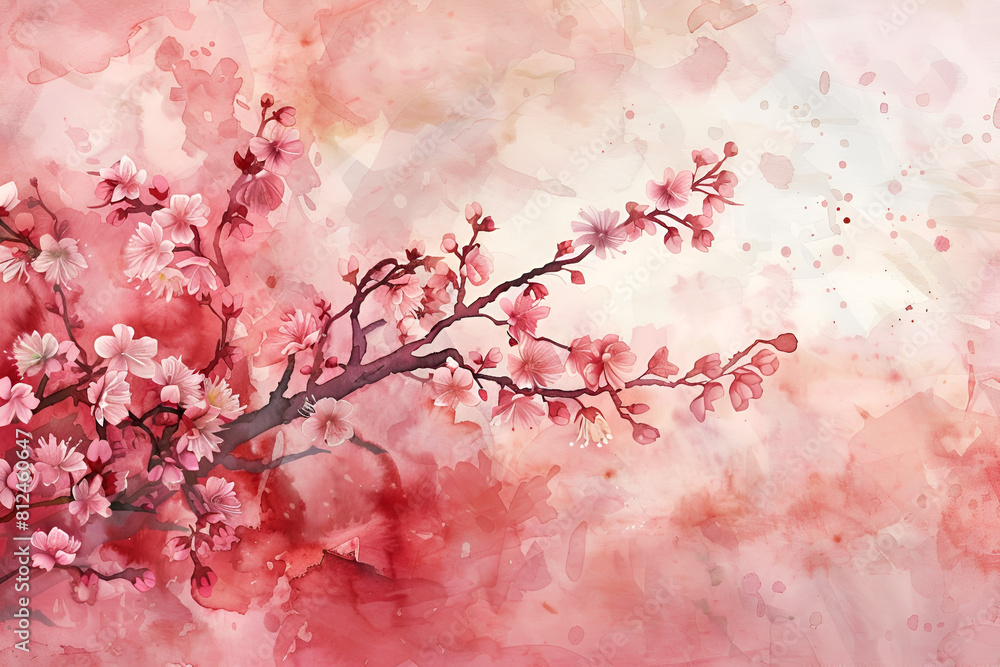 Pink garden plant blossom branch floral background nature season flowers watercolor art spring tree
