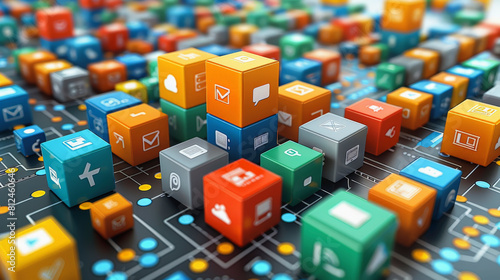 Colorful 3D cubes with various app icons representing a diverse software ecosystem or digital interface, symbolizing connectivity and technological variety in the digital world. photo