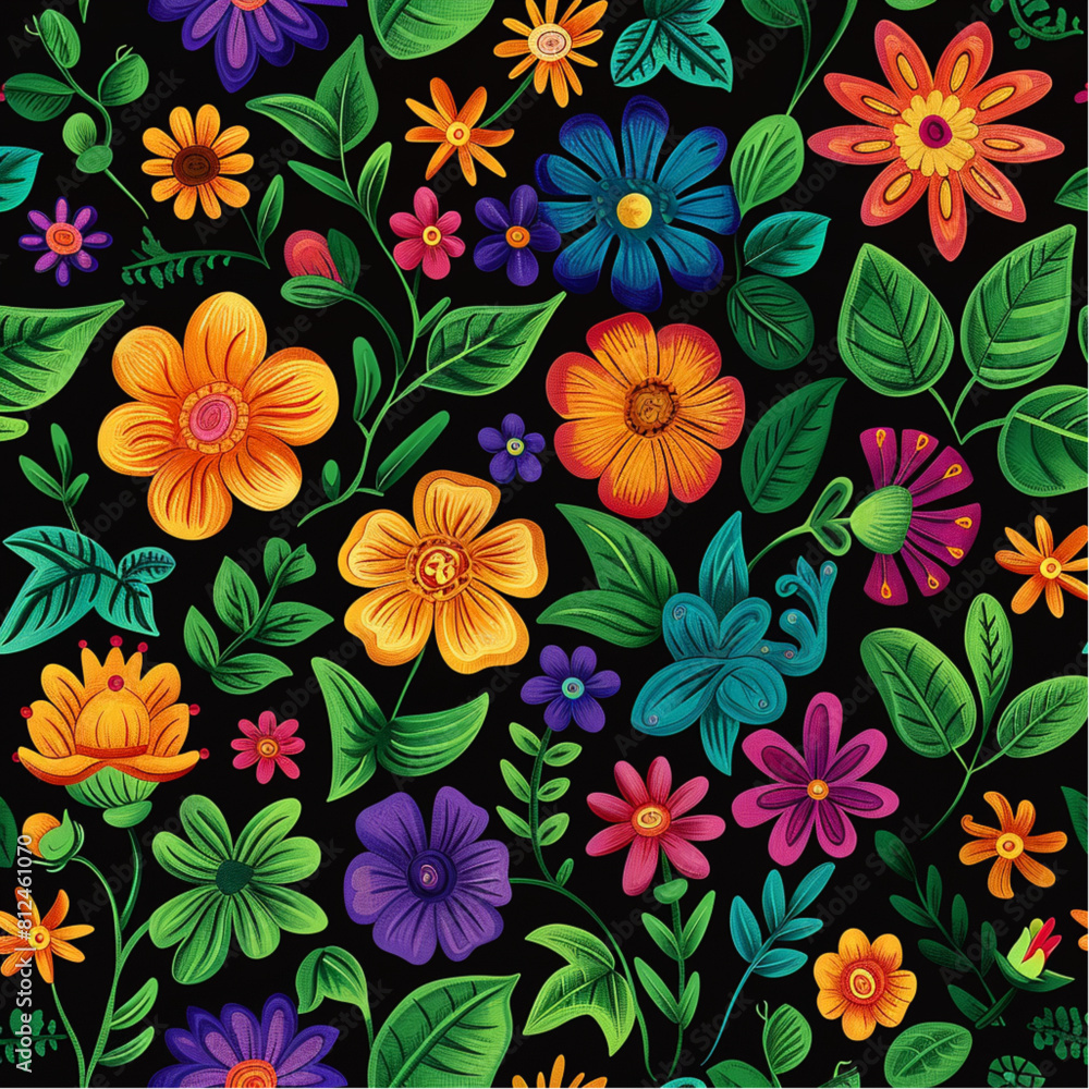 mexican seamless pattern, colorful flowers and green leaves on black background, in the style of folk art.

